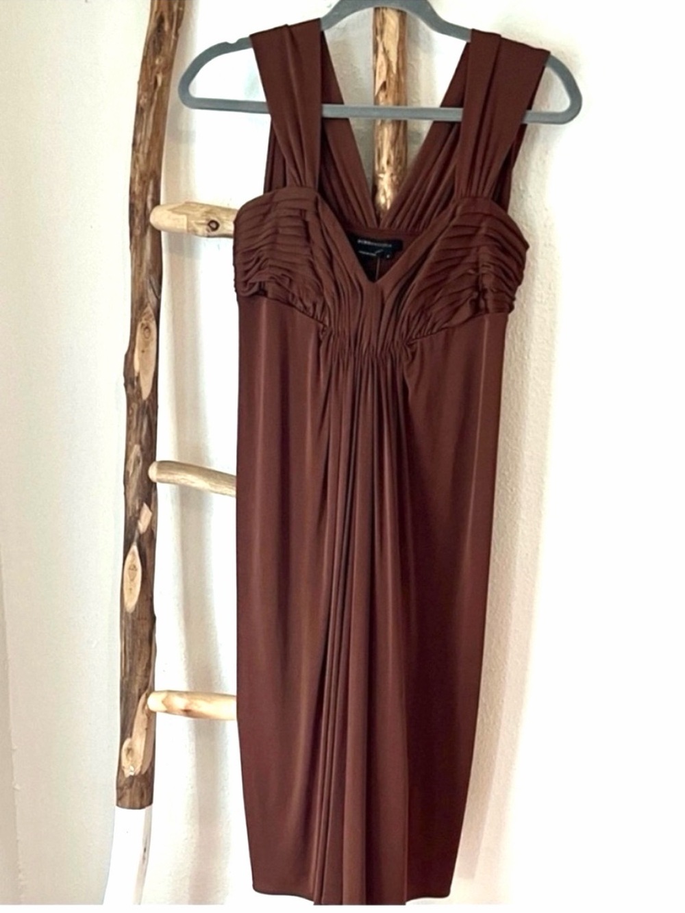 BCBGMaxAzria Chocolate Brown Ruched V-Neck Draped Stretch Jersey Midi Dress Smal